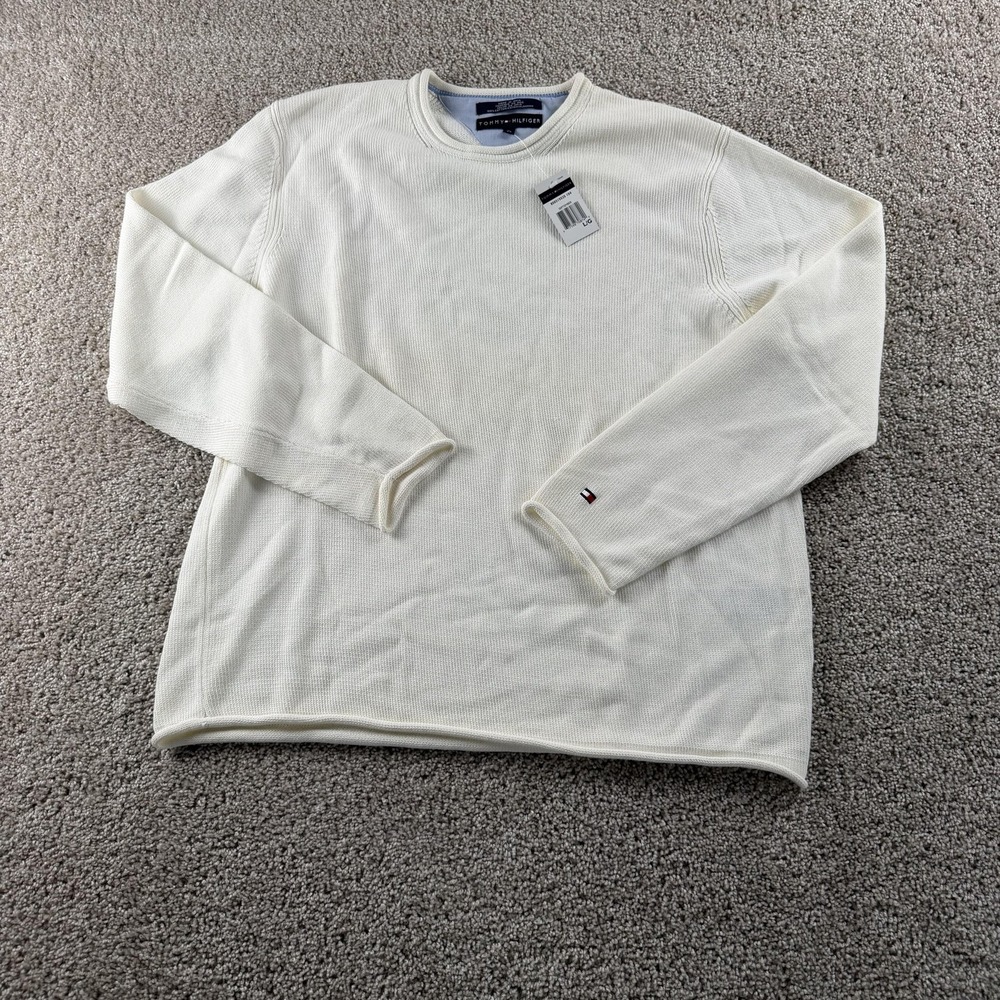 Y2K Tommy Hilfiger Sweater Mens Large White Cotton Waffle Knit Crewneck Pullover